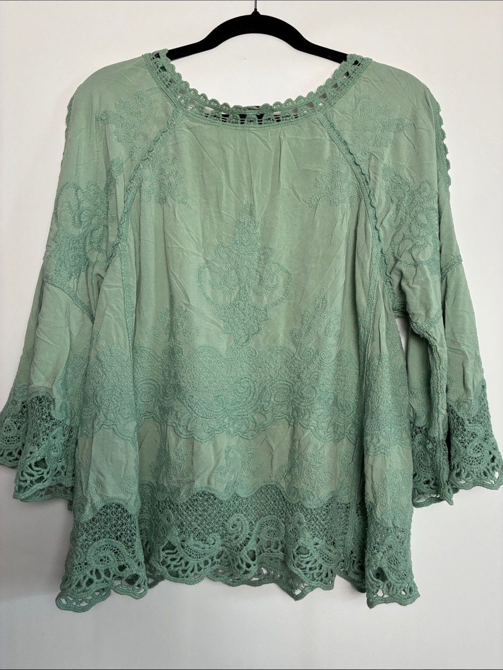 Democracy Sage Green Embroidered Crochet Peasant Blouse - Picture 9 of 9